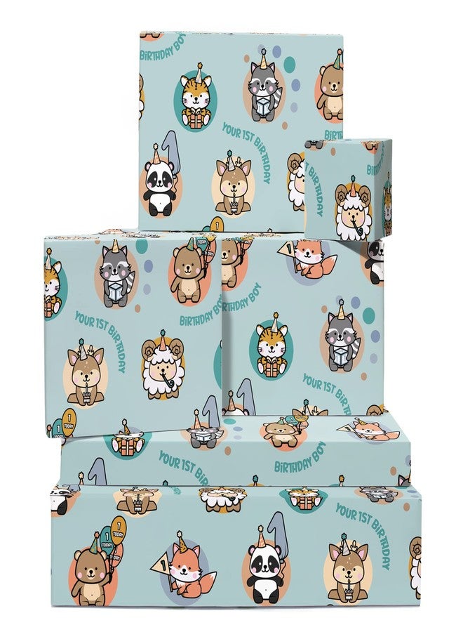 CENTRAL 23 Baby Boy Wrapping Paper - 1st Birthday - Age One - 6 Sheets Blue Gift Wrap - Comes With Fun Stickers - Image 1